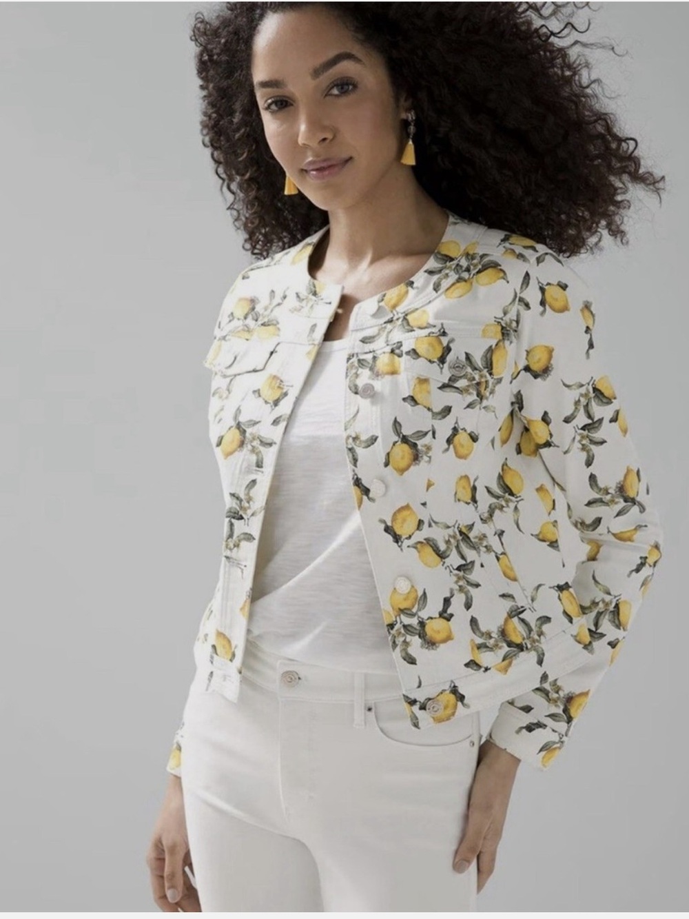White House Black Market White Jacket with Yellow Lemon Print Sz M